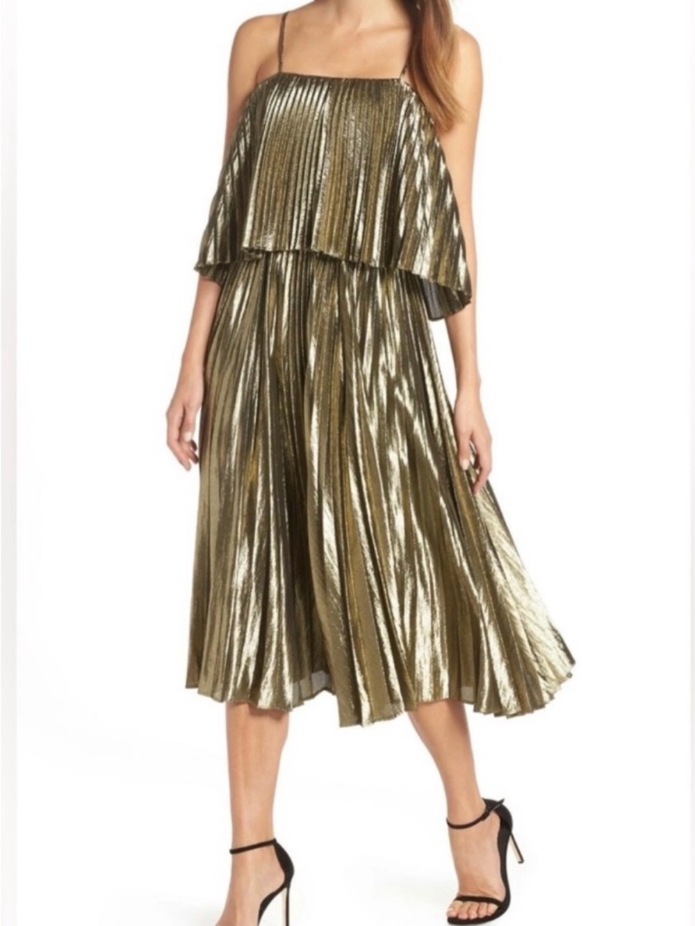 J.Crew Gold Metallic Pleated Midi Dress Size 6 Tiered Cocktail Party Holiday NYE - Picture 2 of 11